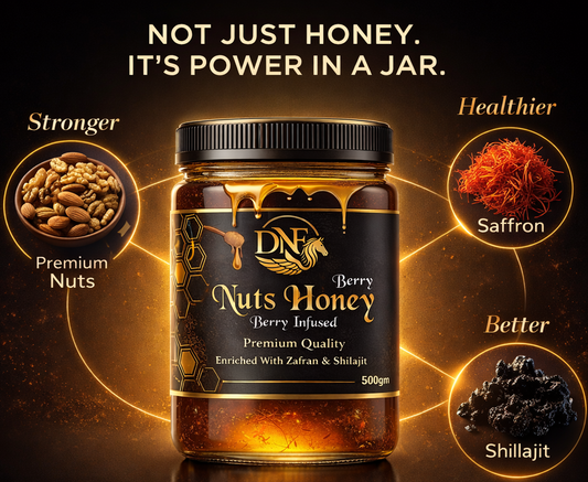 Jar of berry nuts honey with health benefits highlighted on a dark background