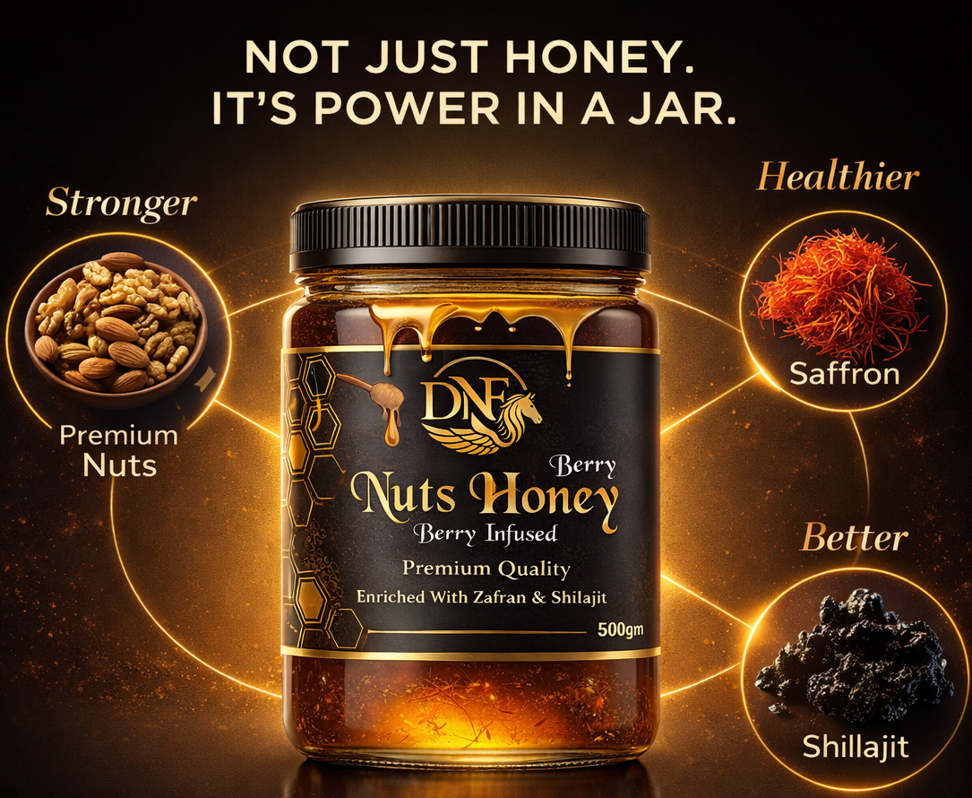 Jar of berry nuts honey with health benefits highlighted on a dark background
